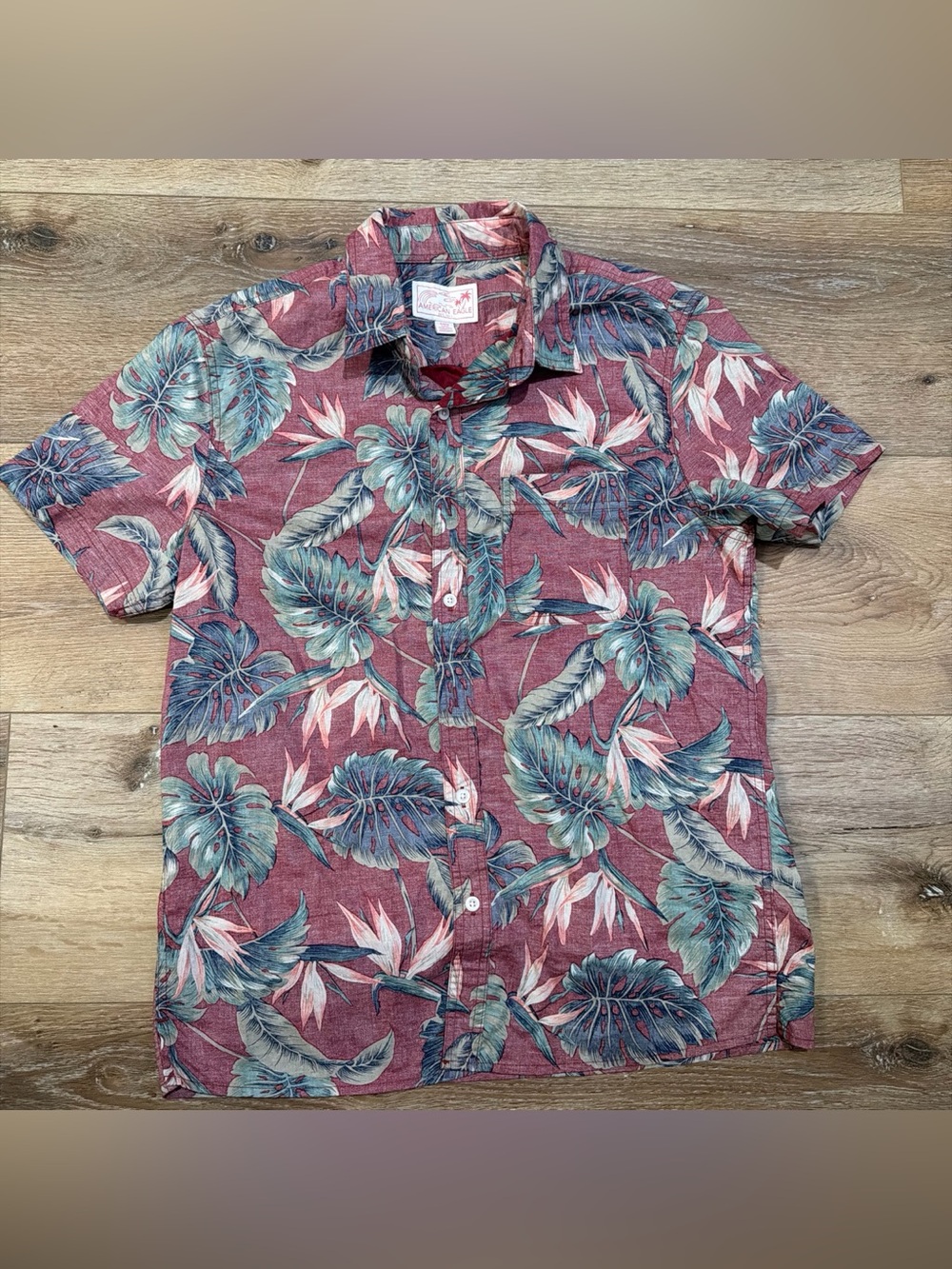 American Eagle Outfitters Men’s Maroon Tropical Print Button-Down Shirt